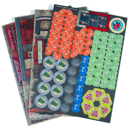 Fallout: Factions - Tokens and Terrain Pack 1 with colorful game pieces and map tiles
