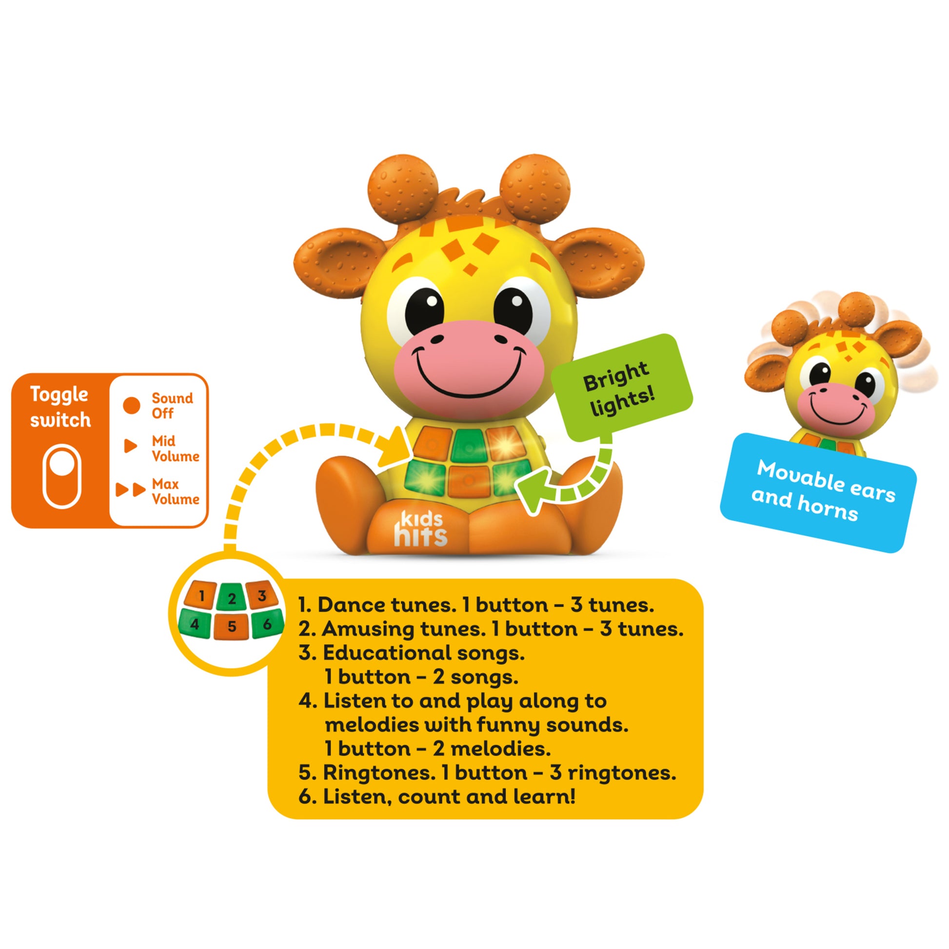 Kids Hits Babykins Giraffe toy with bright yellow body, orange horns, movable ears, and colorful interactive buttons