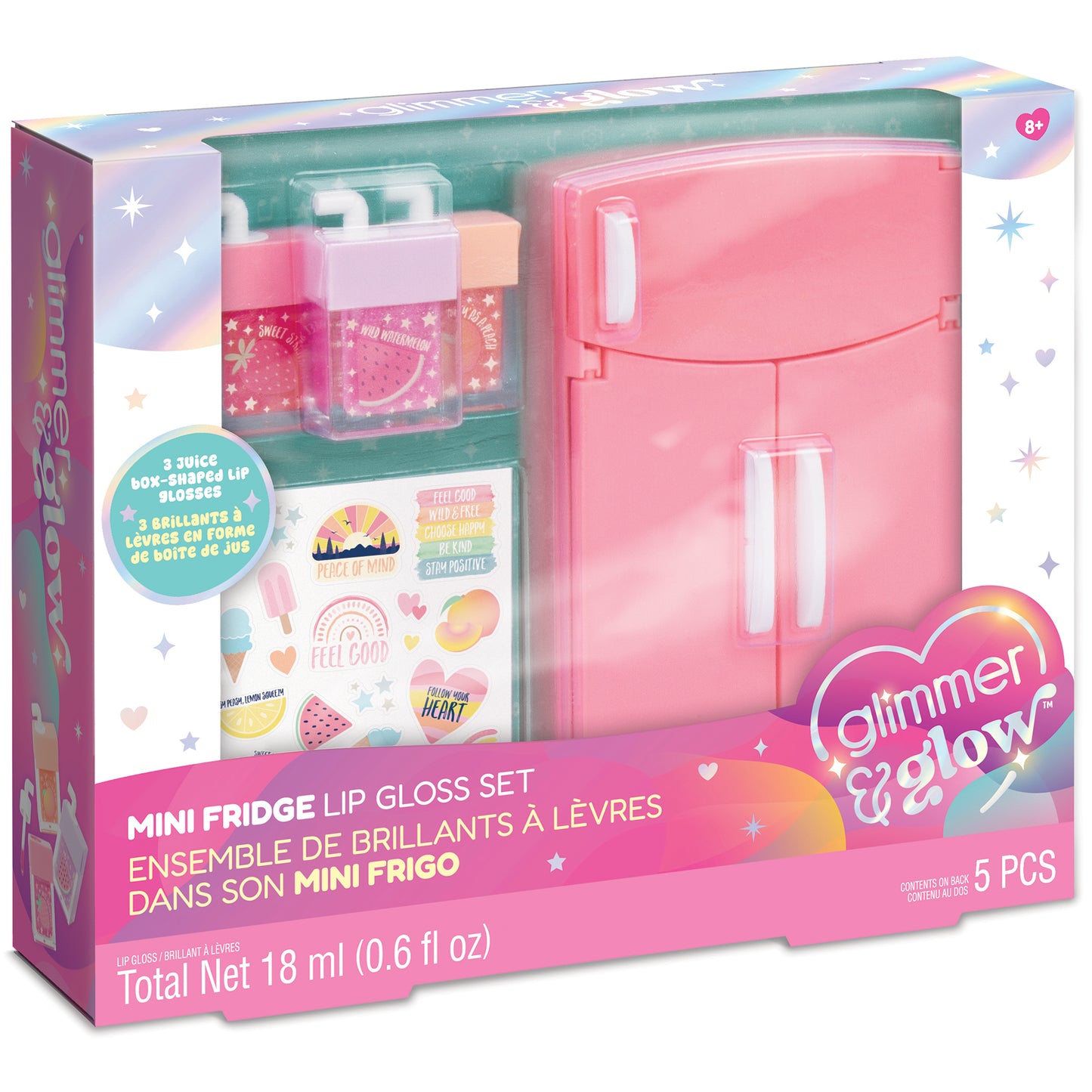 Glimmer & Glow Mini Fridge Lip Gloss Set with pink fridge and 3 juice box shaped glosses