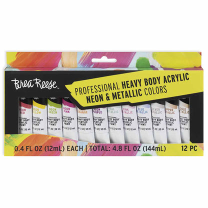 Brea Reese Professional Heavy Body Acrylic Paint Set with 12 Neon and Metallic Colors