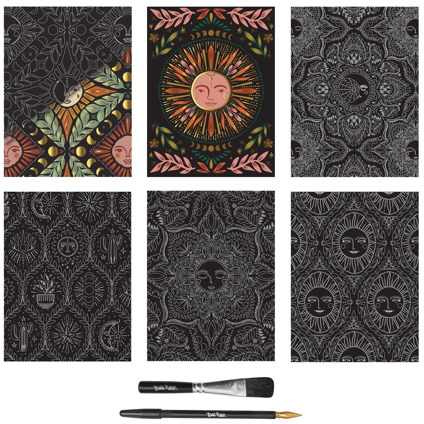 Scratch Art Paper Pad Moon & Sun with celestial designs and art tools