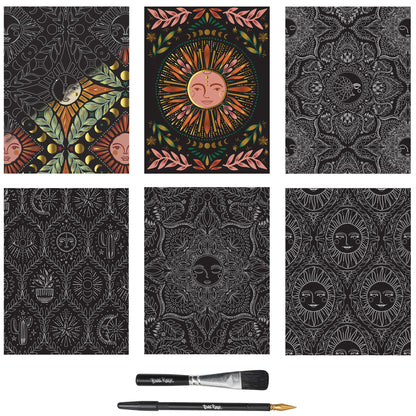 Scratch Art Paper Pad Moon & Sun with celestial designs and art tools