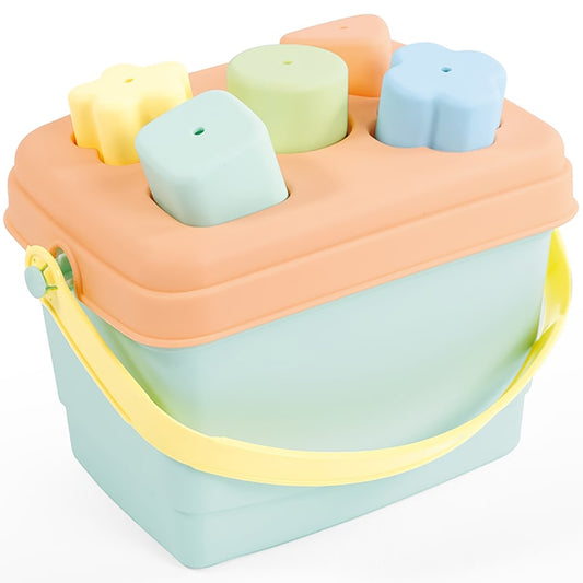 Dolu Shape Sorter Bucket toy with 5 pastel colored blocks and matching cutouts, yellow handle