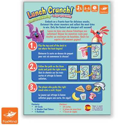 Lunch Crunch card game box by FoxMind featuring colorful monsters and snack-themed gameplay for 2-5 players