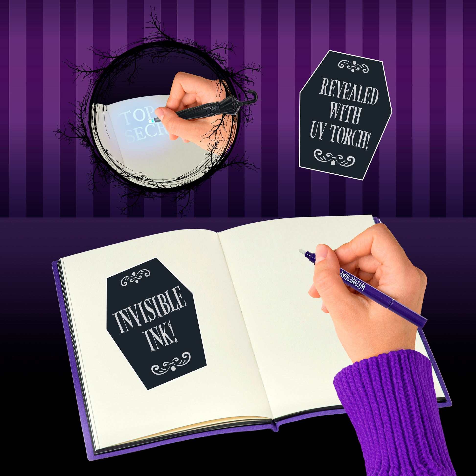 Secret Reveal Journal with UV torch, purple and black design, interactive writing features