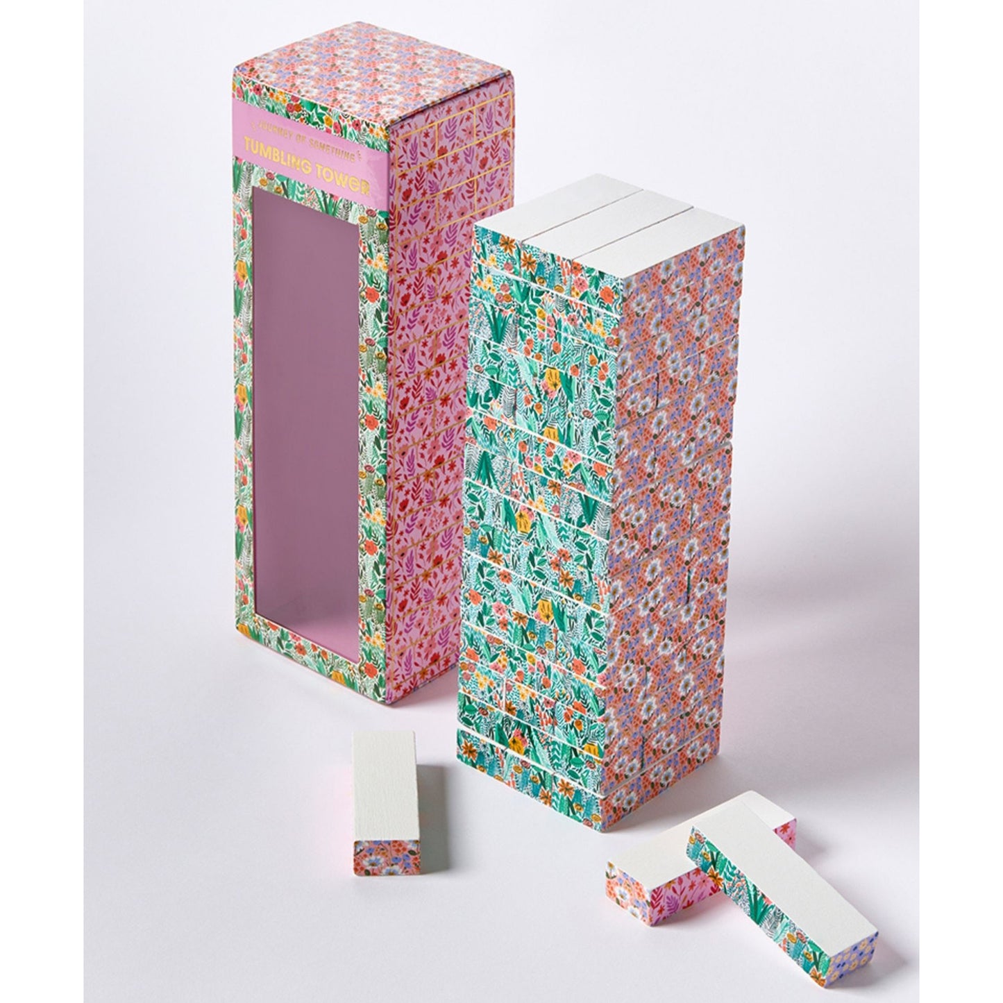 JOS Tumbling Tower colorful wooden block game with pink and green floral patterns