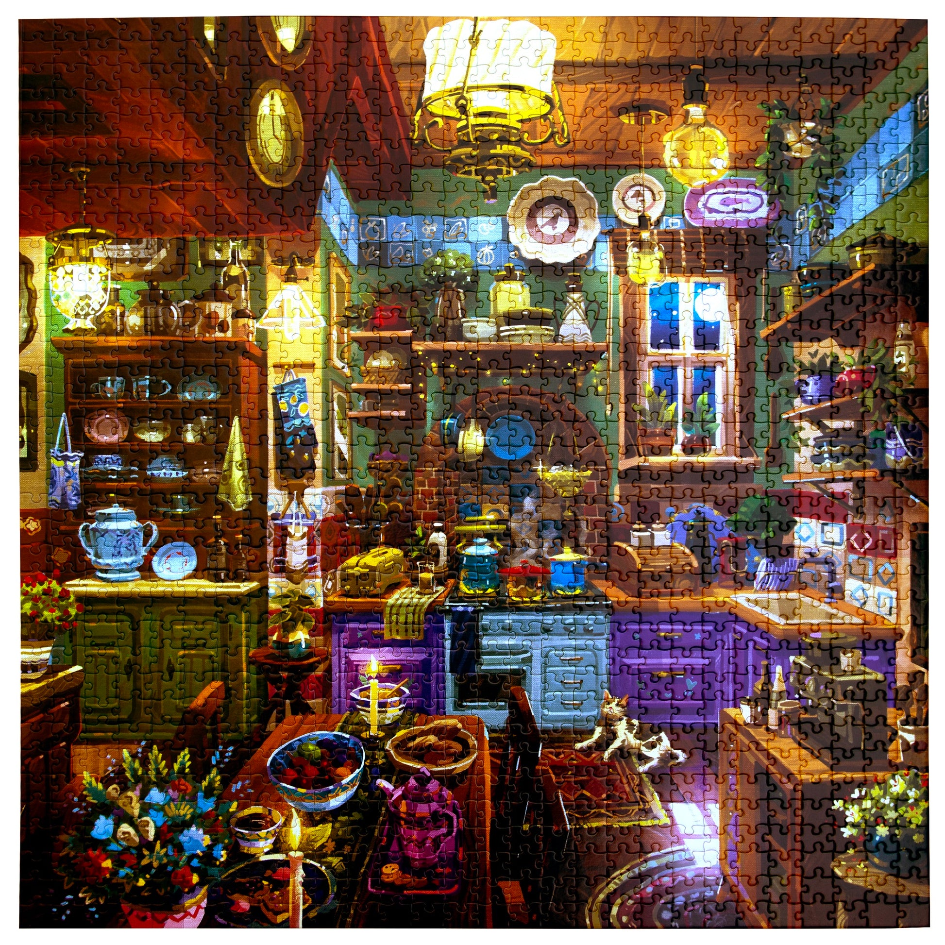 Piece&Love Midnight Kitchen 1000 piece puzzle featuring colorful fantasy kitchen scene with vibrant lighting