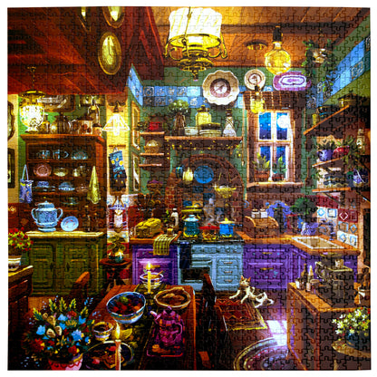 Piece&Love Midnight Kitchen 1000 piece puzzle featuring colorful fantasy kitchen scene with vibrant lighting