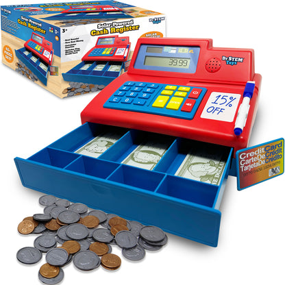 Dr. STEM: Solar-Powered Cash Register - Red - 68pc Educational Store Roleplay Toy