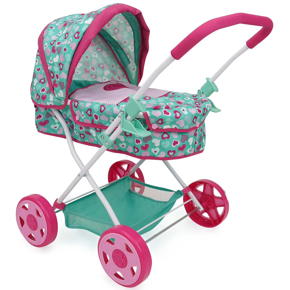 Mint Heart Daisy Doll Pram in pink and green with heart pattern, retractable canopy, and storage basket
