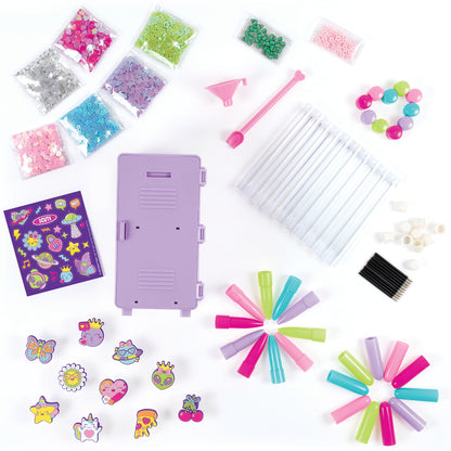 Make It Real Write in Style Pen Creation Station with purple locker, colorful markers, beads, and craft supplies