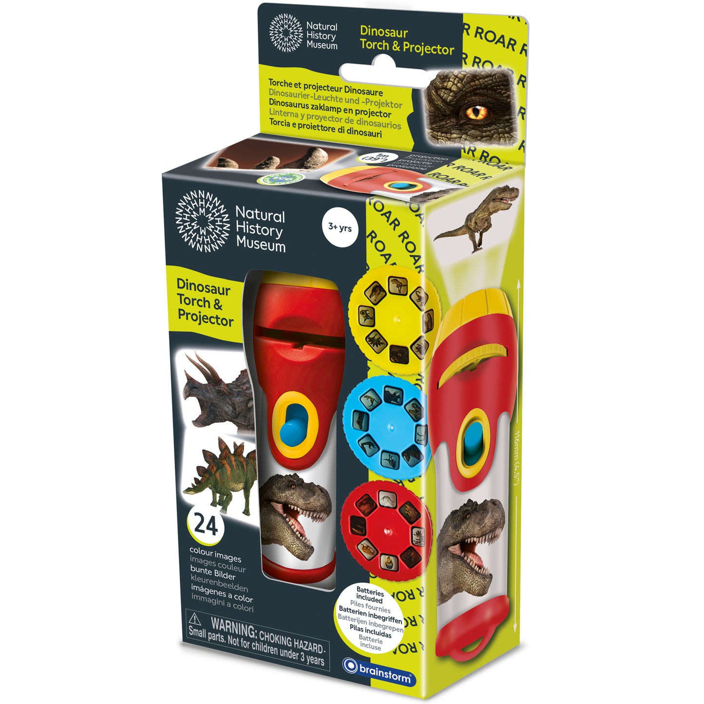 Natural History Museum Dinosaur Torch Projector with red flashlight and 24 dinosaur images