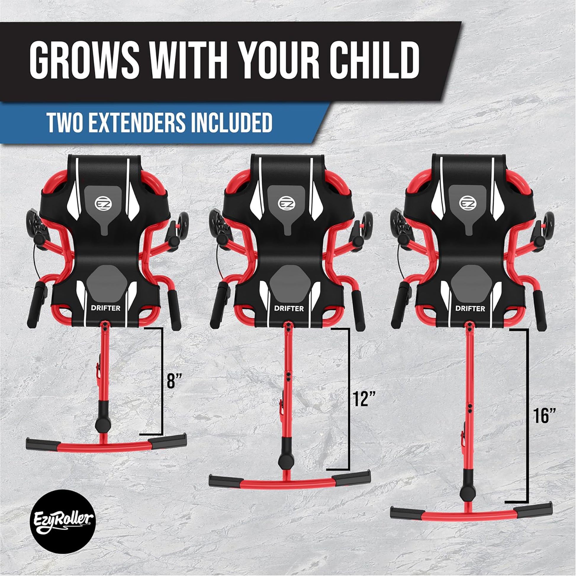EzyRoller Drifter X red and black ride-on toy with two extenders showing size progression