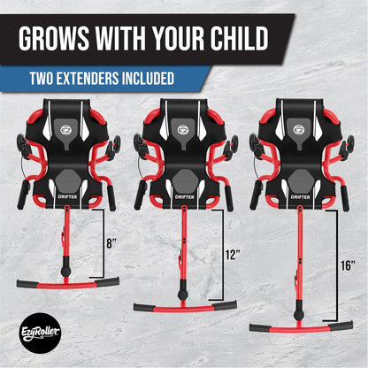 EzyRoller Drifter X red and black ride-on toy with two extenders showing size progression