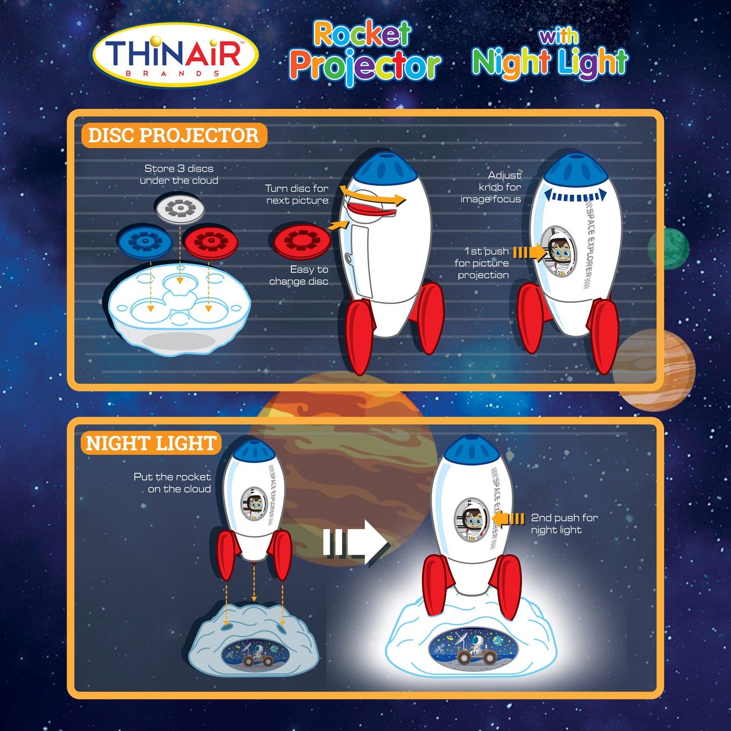 Playful Minds Rocket Projector Night Light - Galactic 2-in-1 Display