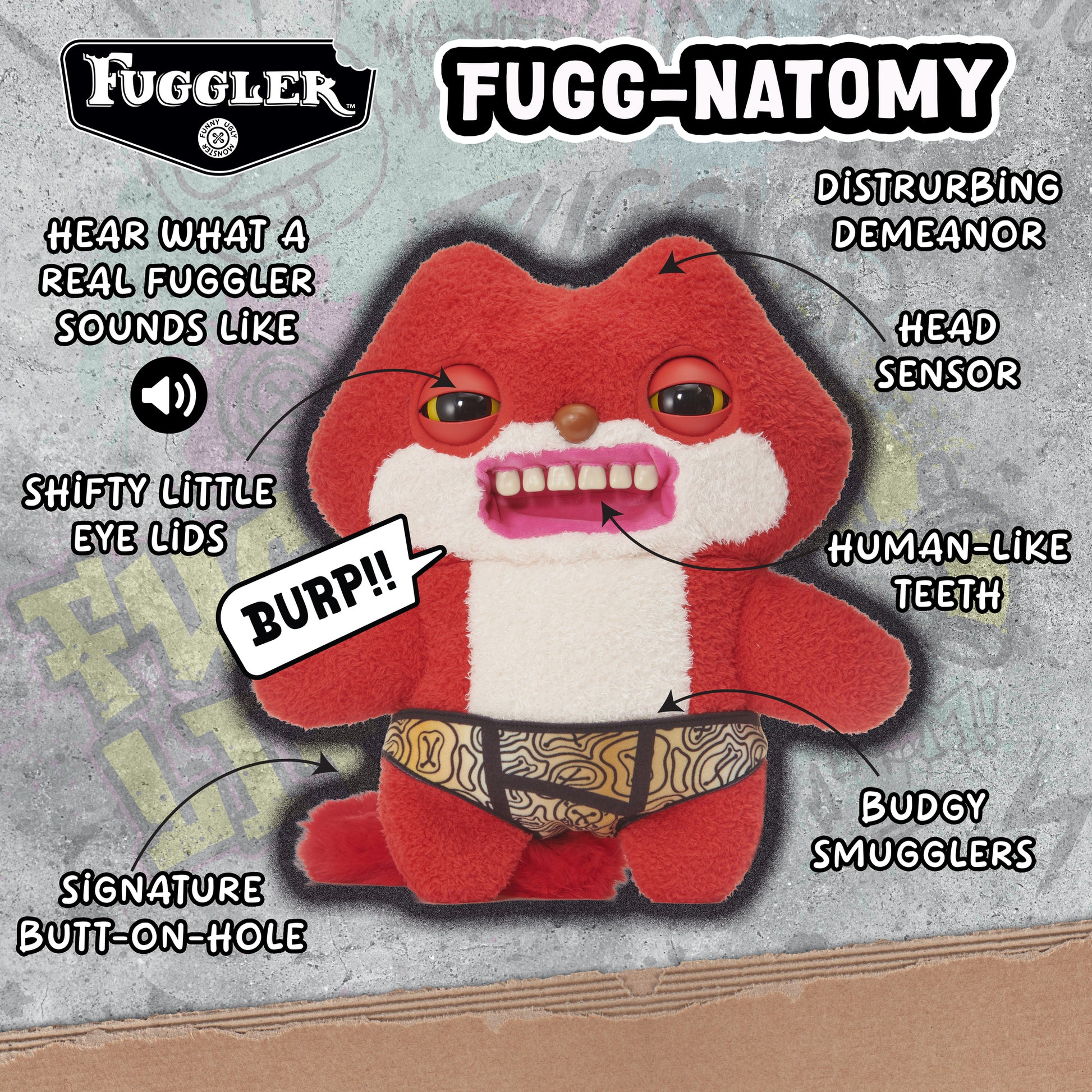 Fugglers Sketchy Squirrel red plush toy with human-like teeth and interactive features