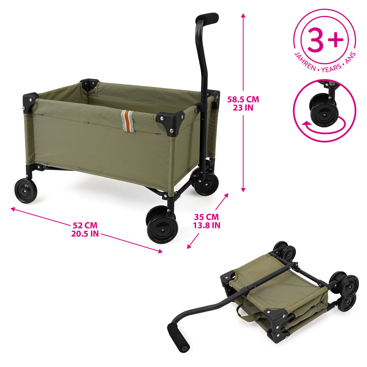509 Crew Little Wagon in khaki, folding pull-along cart for kids 3+, shown open and folded