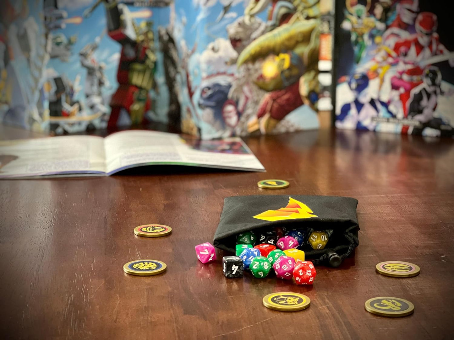 Power Rangers RPG Dice Set - 8 colorful polyhedral dice with black pouch and gold power coins