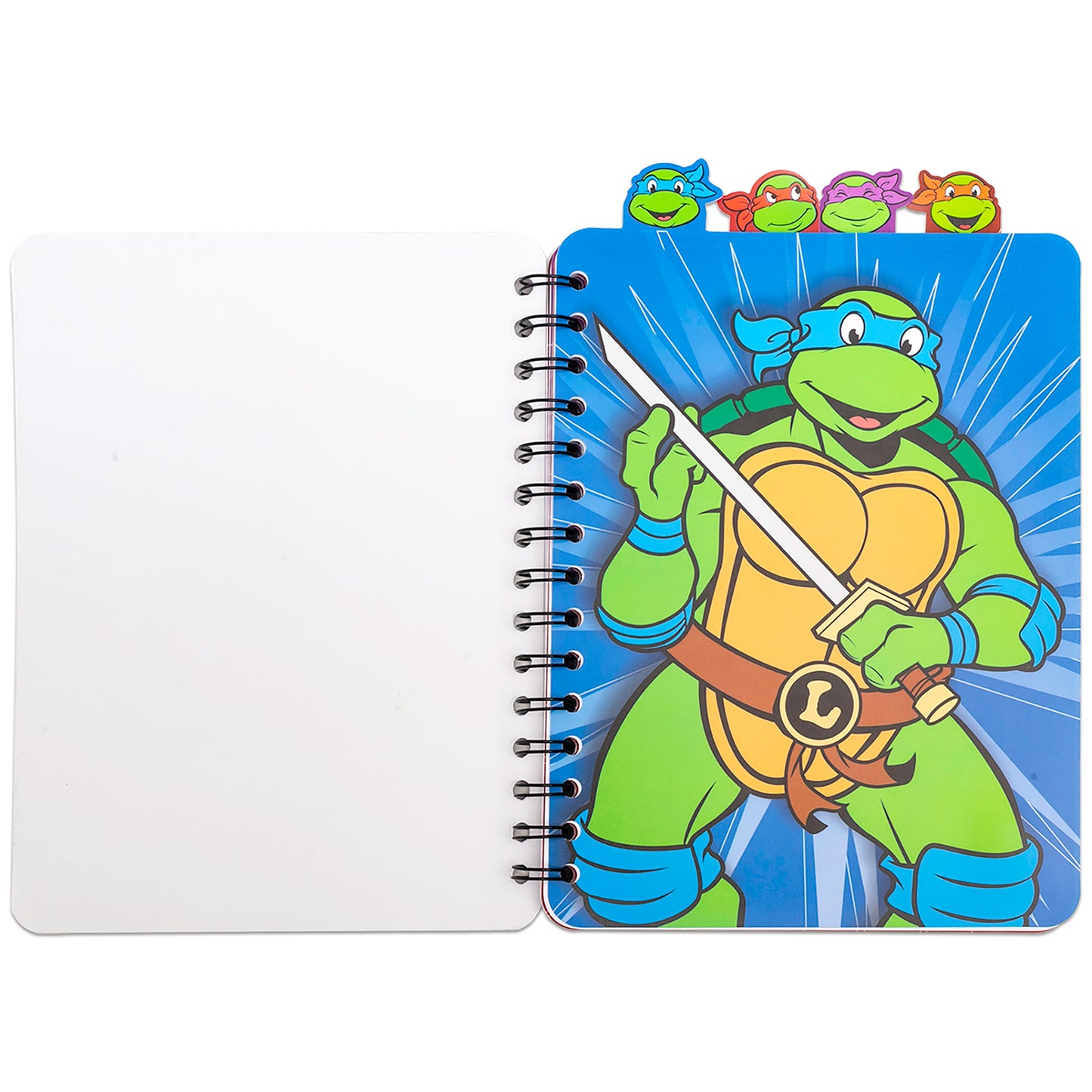 TMNT 4 Tab Journal with spiral binding, featuring Leonardo with sword and colorful Ninja Turtles