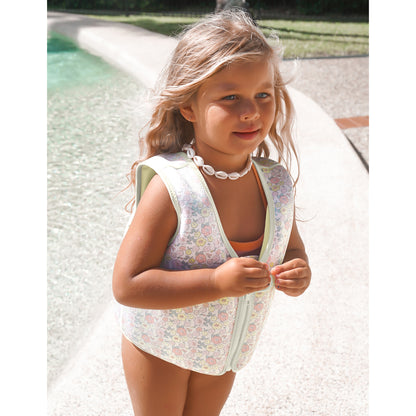 Float Vest 3-6 Into the Garden ditsy floral pattern with white trim
