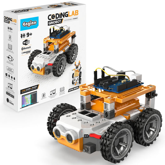 Engino Coding Lab Ginobot expandable robot building set in orange and white with large black wheels