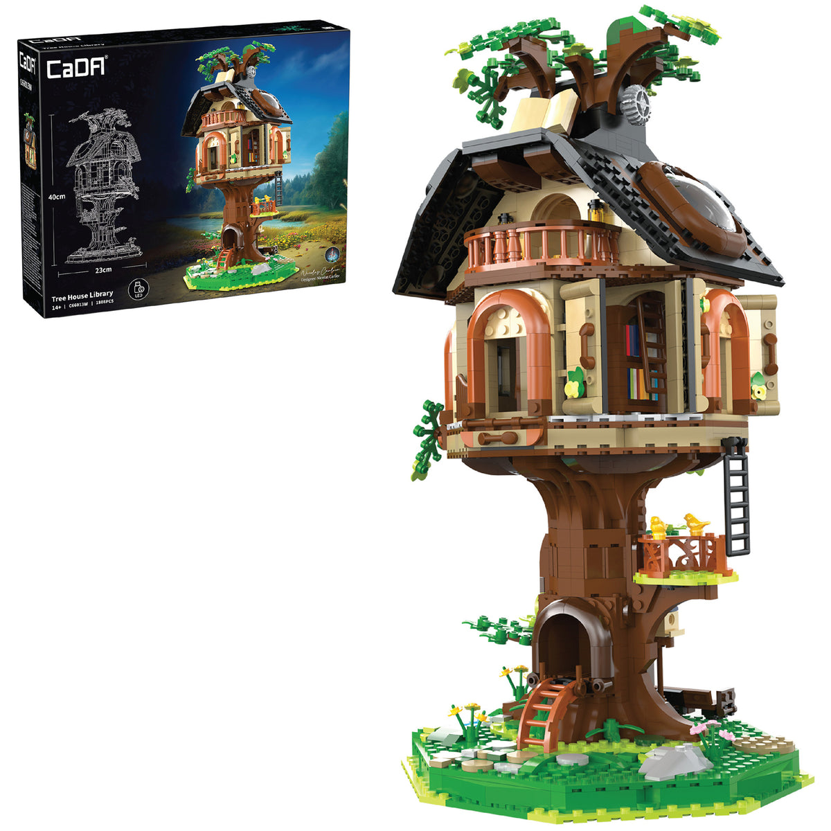 CaDA Tree House Library building set with brown tree trunk, cream and orange house structure, green foliage, and base...