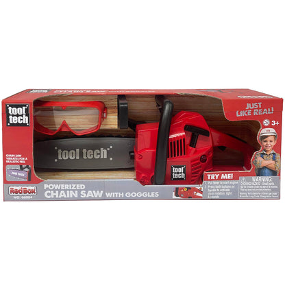 Tool Tech Powerized Chain Saw toy in red with included goggles, displayed in packaging