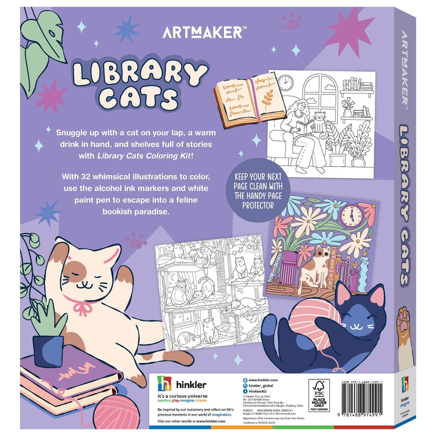 Art Maker Library Cats Coloring Kit with 32 illustrations, markers and paint pen on purple packaging