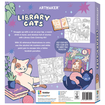 Art Maker Library Cats Coloring Kit with 32 illustrations, markers and paint pen on purple packaging