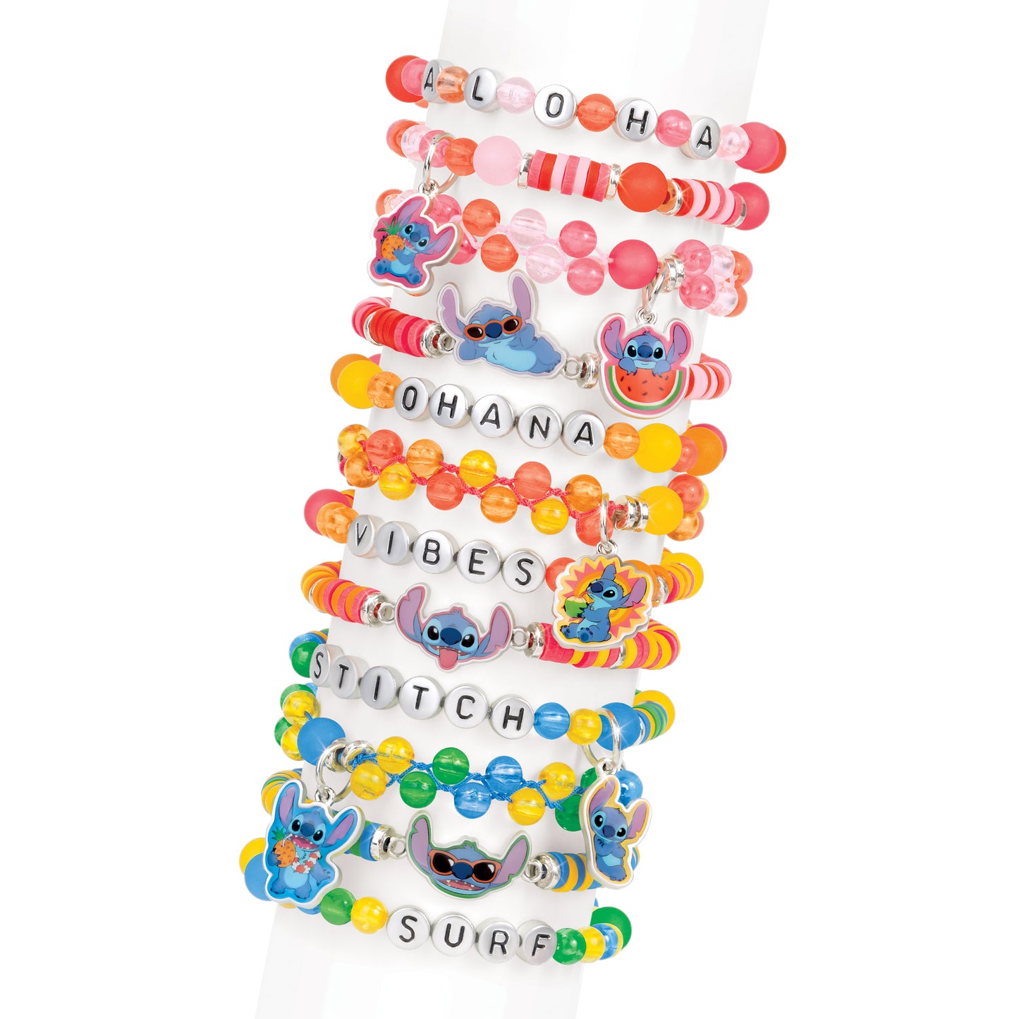 Disney Stitch DIY bracelet craft kit with colorful beaded bracelets featuring character charms and letter beads