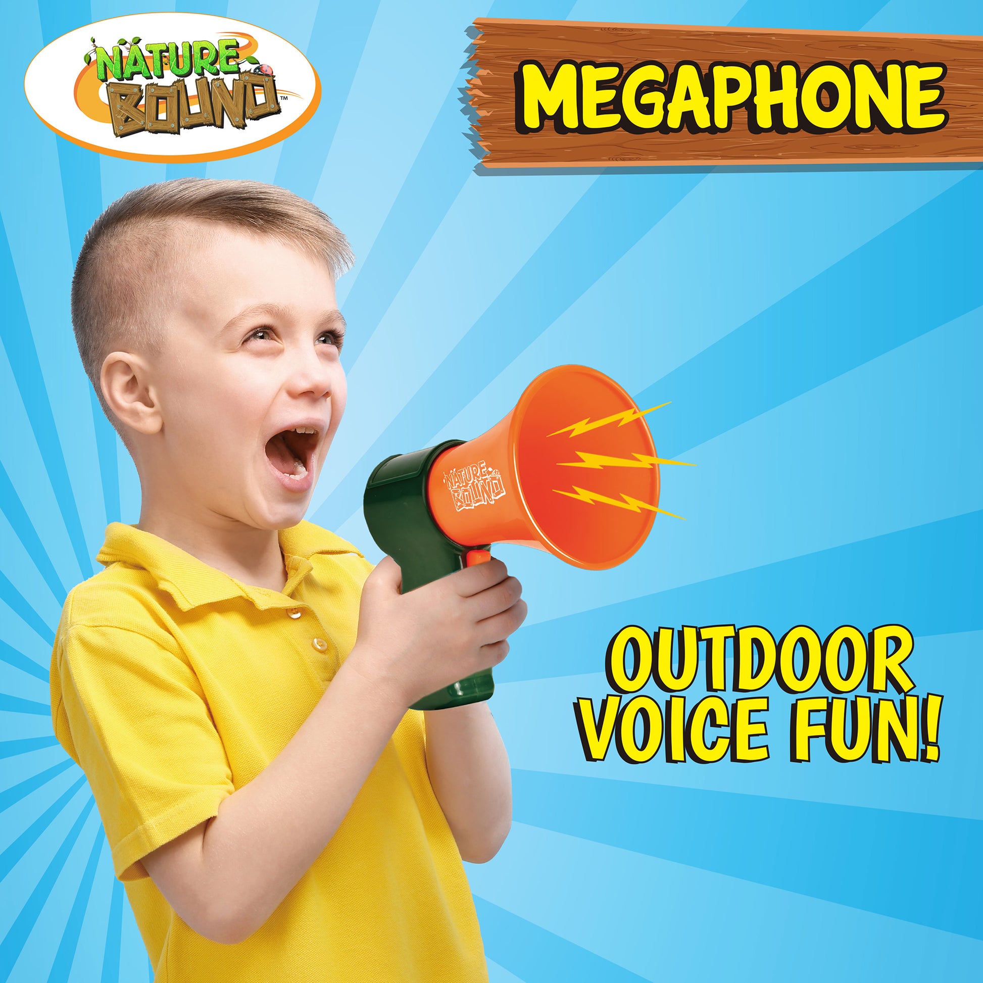 Nature Bound Megaphone with orange speaker and green handle, outdoor voice toy for kids
