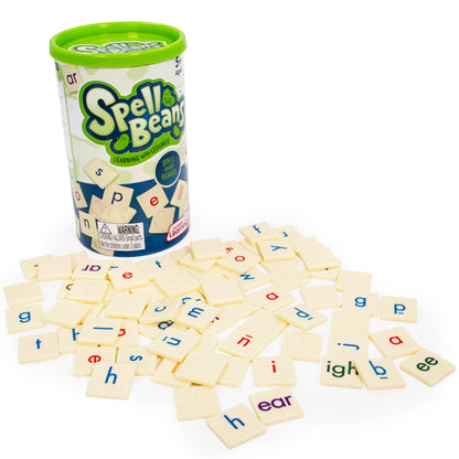 Spell the Beans learning game with green container and letter tiles for spelling practice