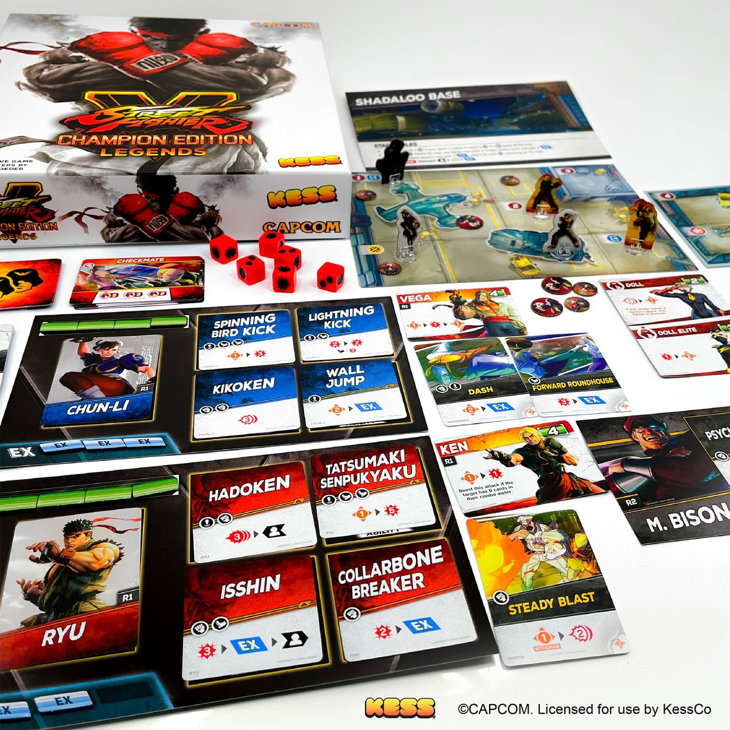 Street Fighter V Champion Edition Legends board game with character cards, dice, and game board displayed