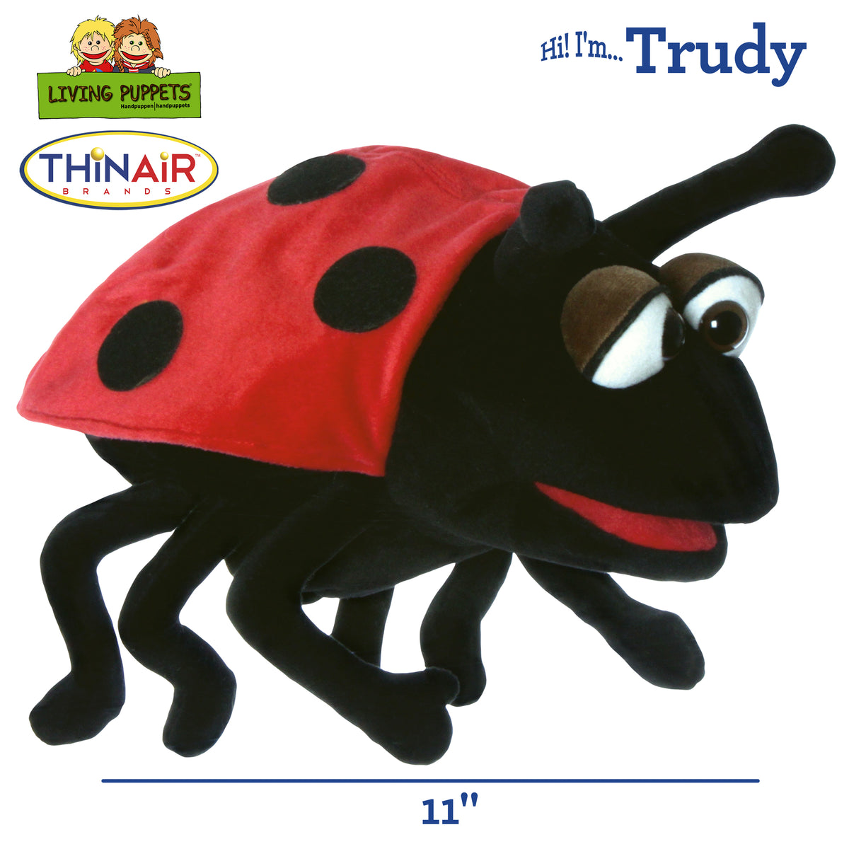 Living Puppets Trudy The Ladybug hand puppet with red wings, black body, and movable mouth