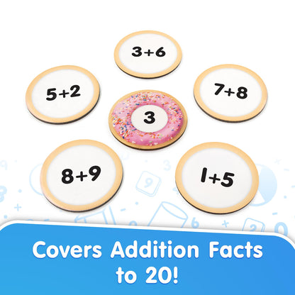 Snacks: Addition educational toy with colorful cookies featuring math problems and pink frosted donut center