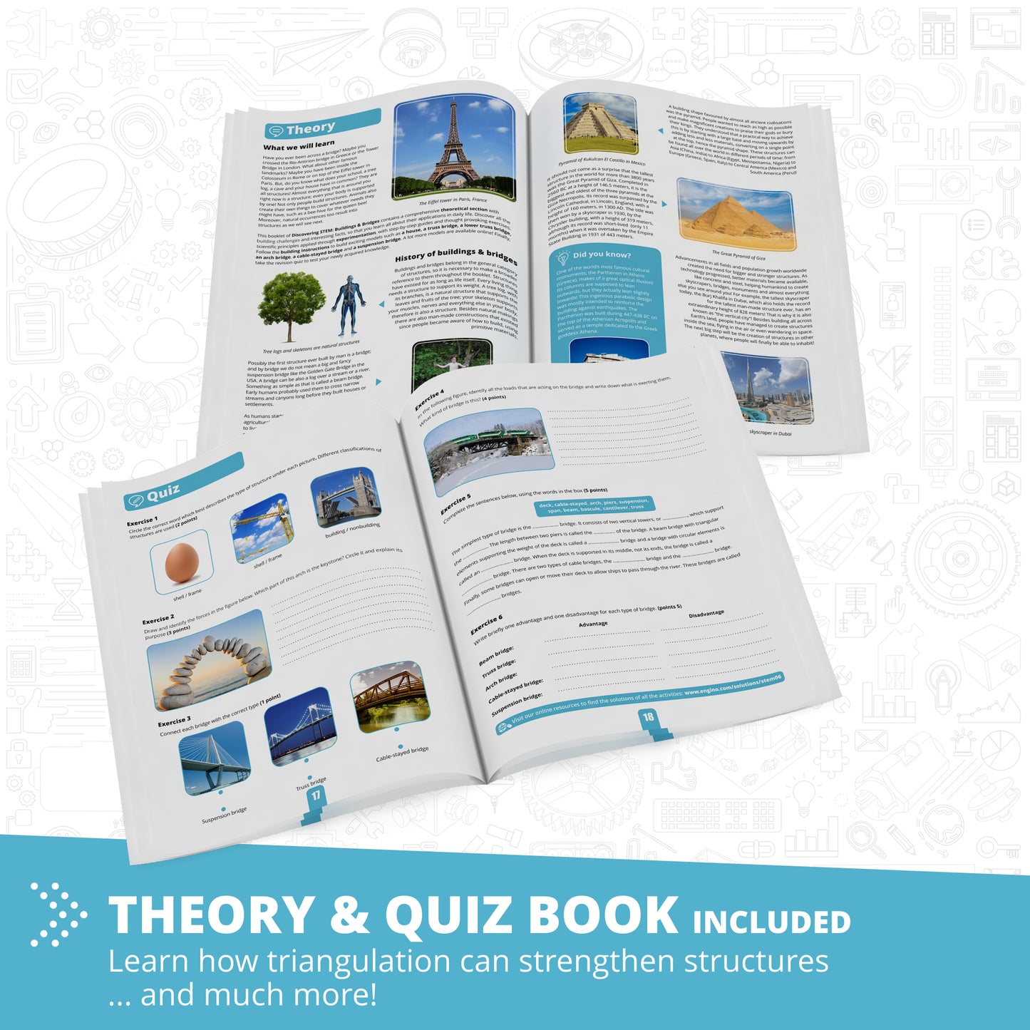 Engino Discovering STEM Structures building set with theory and quiz book showing bridges and buildings models