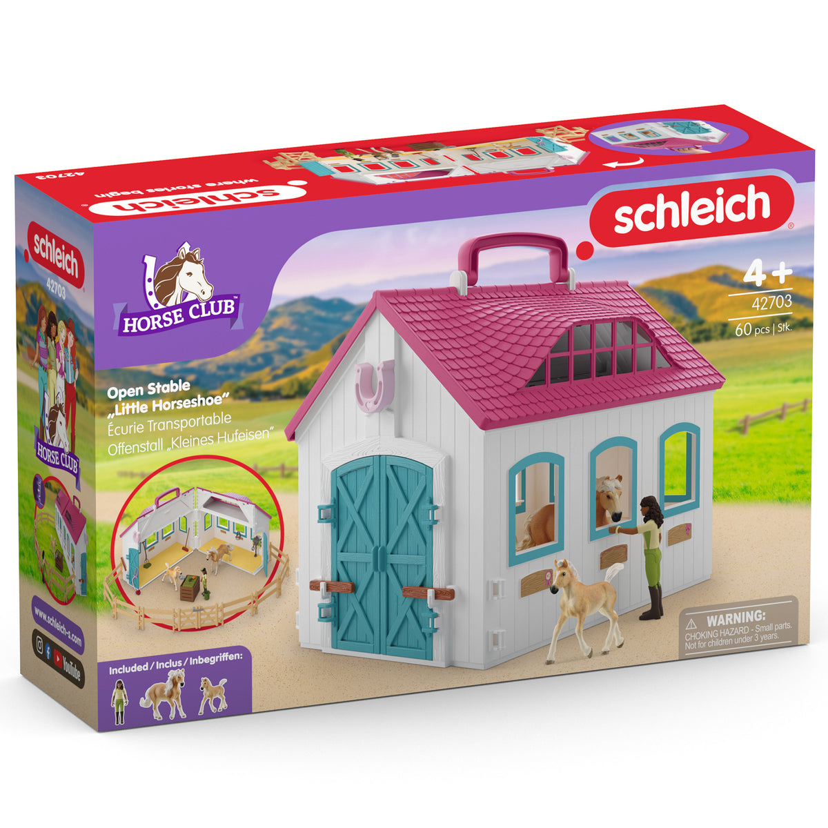Schleich Horse Club Open Stable Little Horseshoe playset with pink roof, white walls, teal doors, horse figurines and...