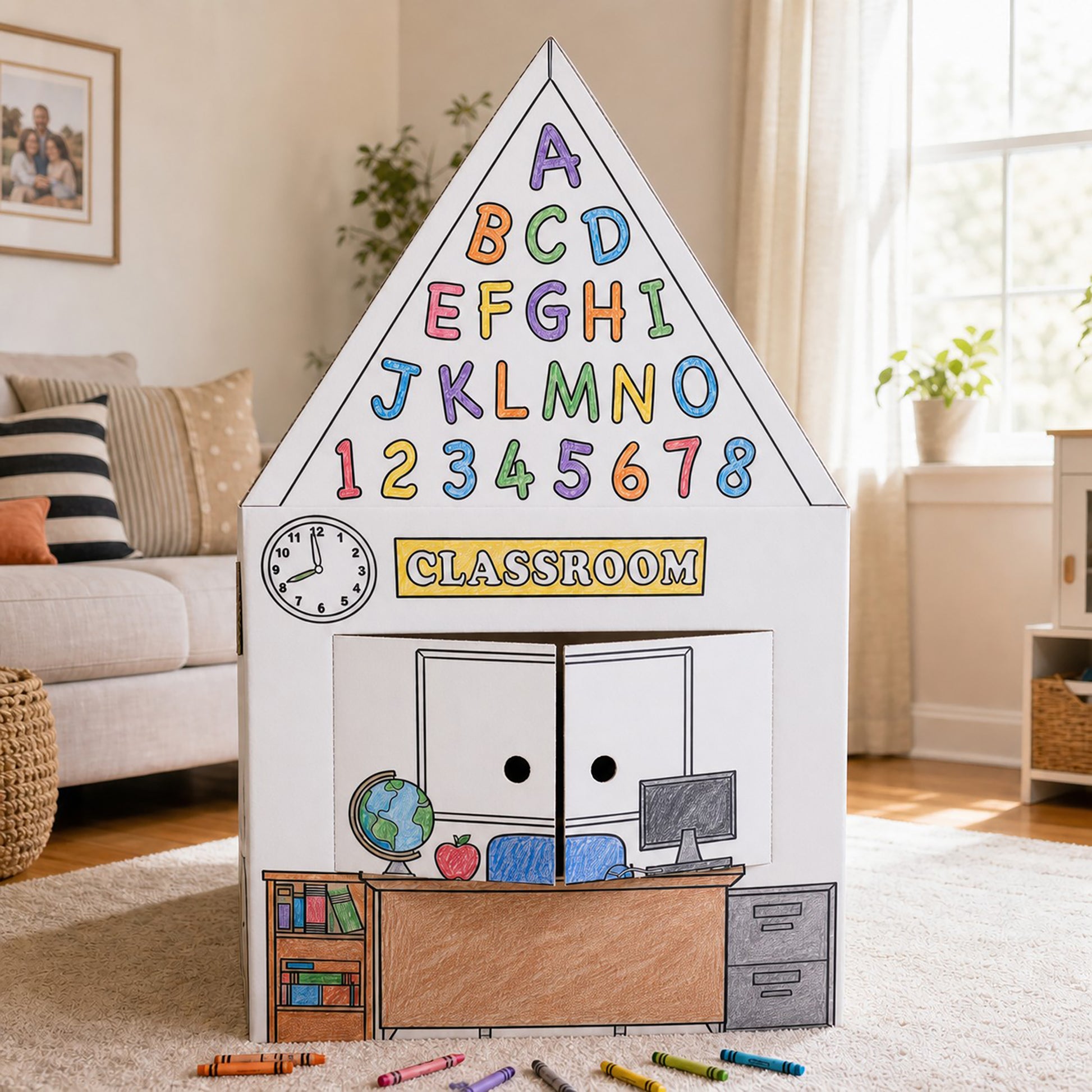 Easy Playhouse School cardboard fort with colorful ABC letters, numbers, classroom desk, and clock