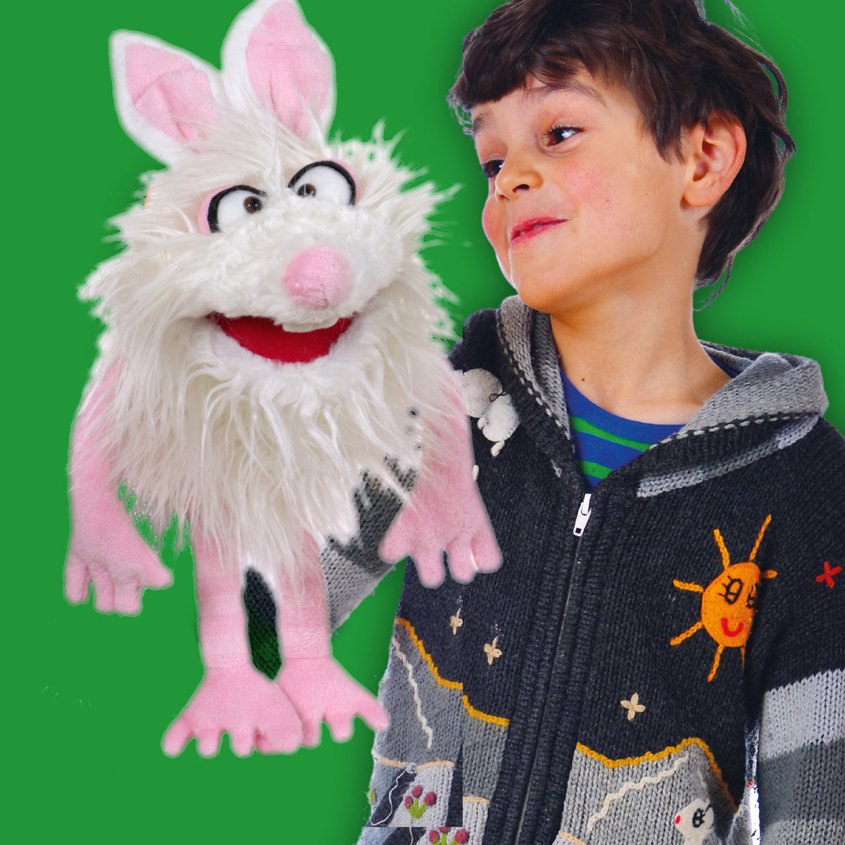 Living Puppets Furball white bunny rabbit hand puppet with pink ears and nose, shown with child
