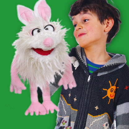 Living Puppets Furball white bunny rabbit hand puppet with pink ears and nose, shown with child