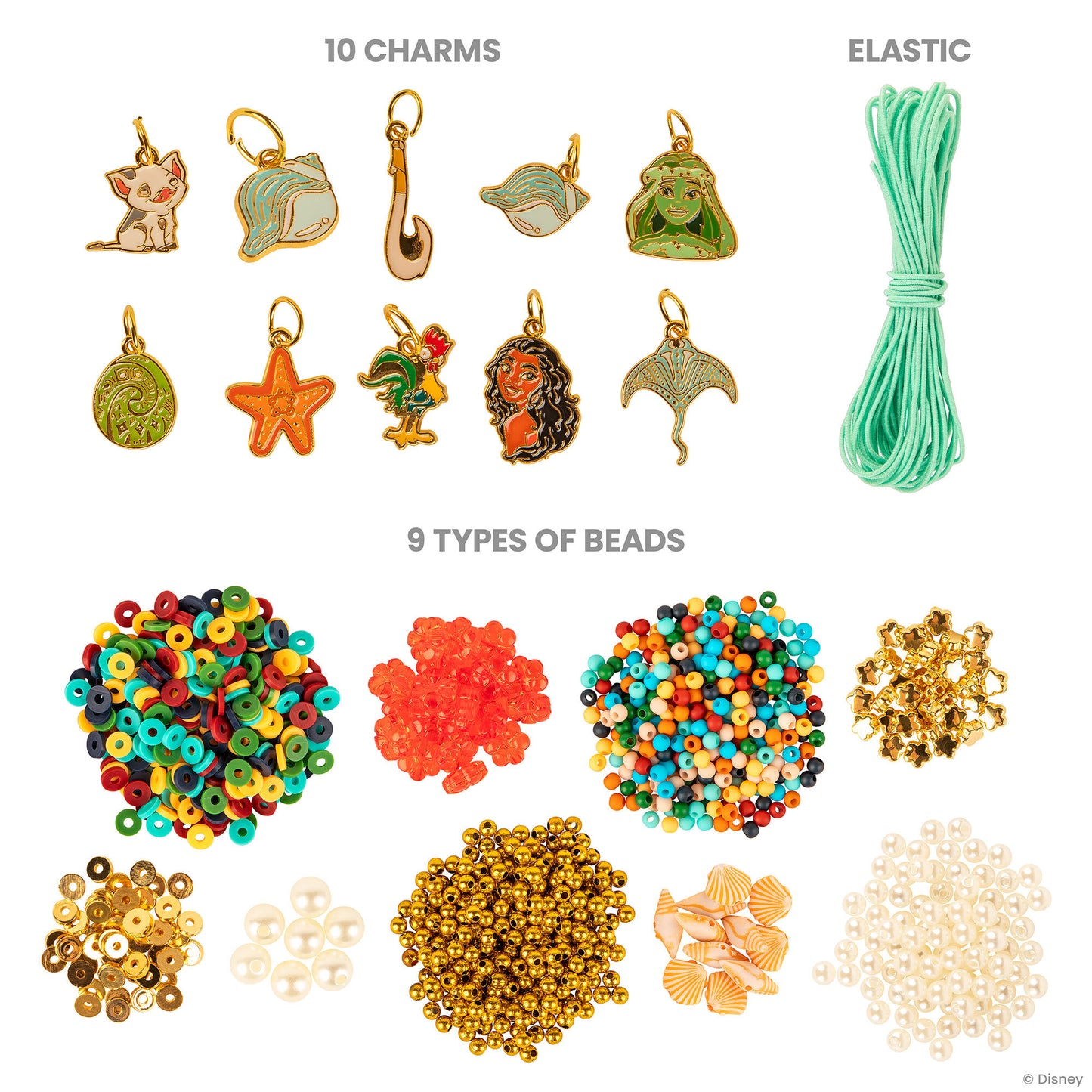 Disney Moana 2 Tropical Tide Jewelry Kit with 10 charms, elastic cord, and 9 types of colorful beads