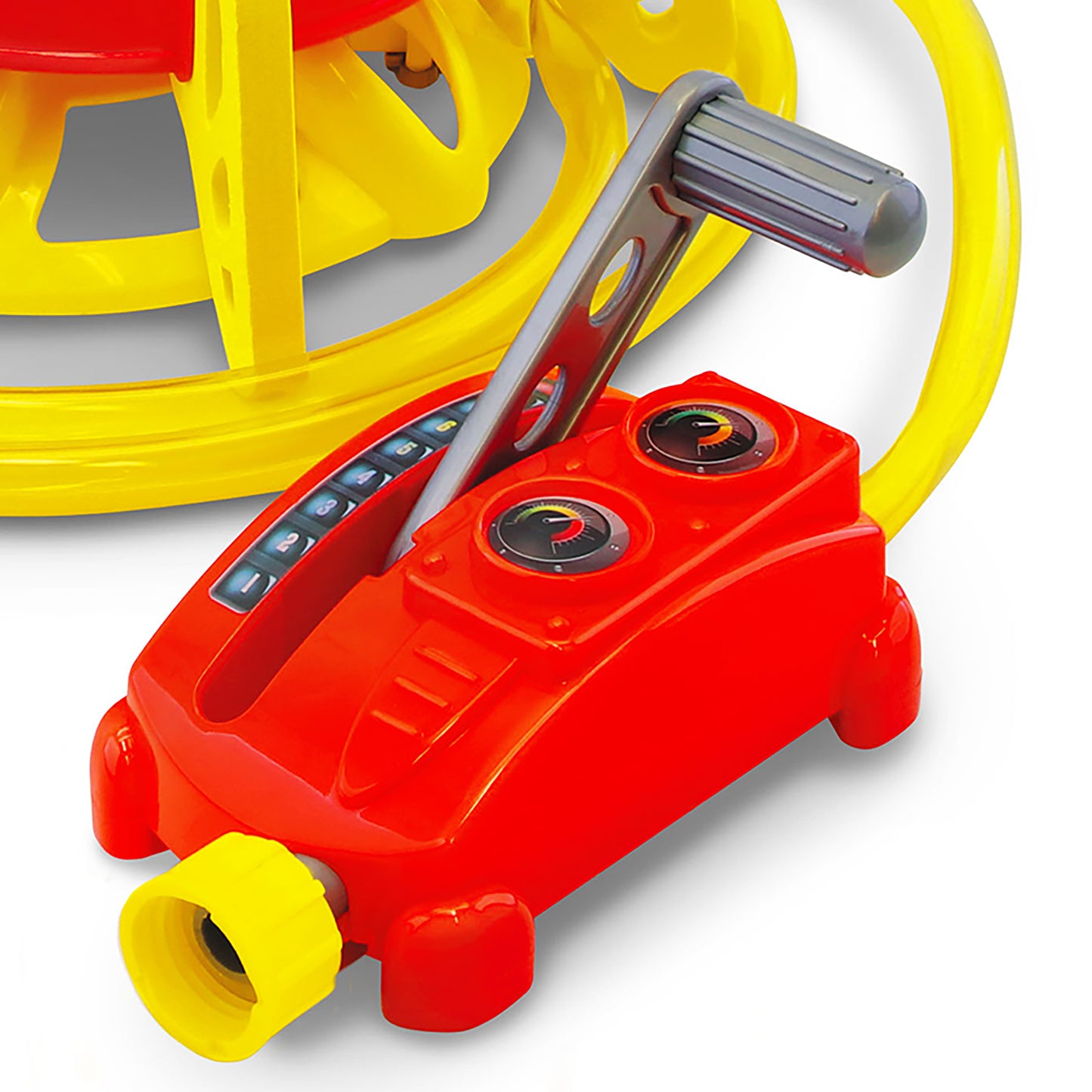 Splash Rocket red water blaster toy with yellow wheels and control panel