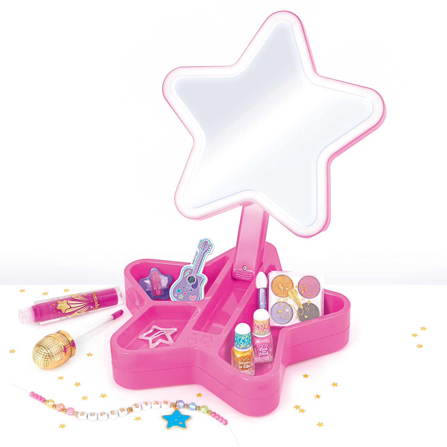 Glimmer & Glow pink star-shaped makeup studio with light-up mirror and cosmetics