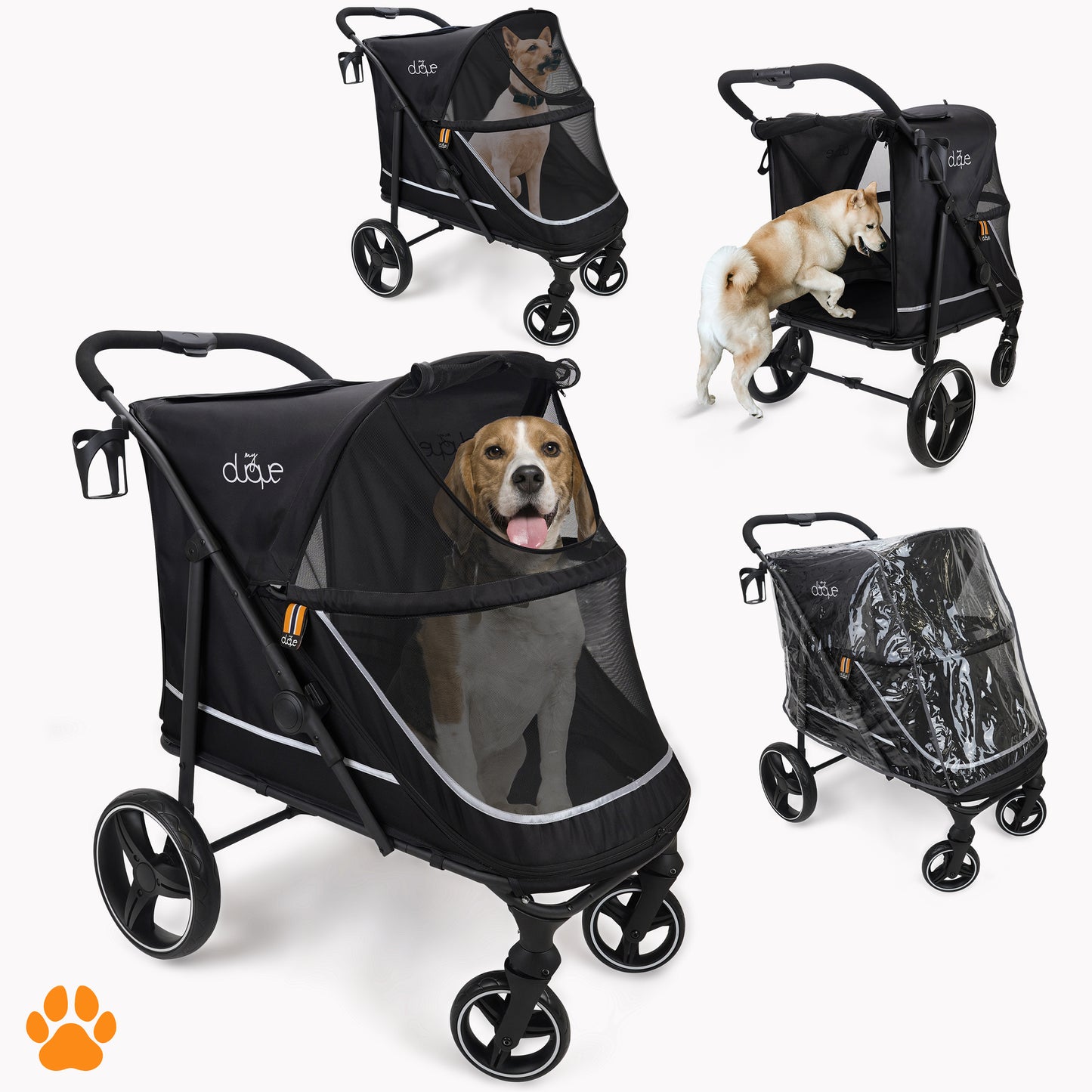My Duque CHAMP black pet stroller with raincover for large dogs up to 110lbs