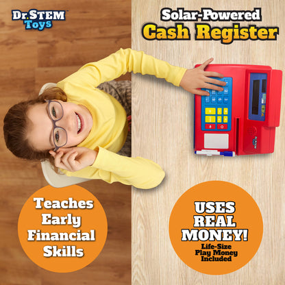 Dr. STEM: Solar-Powered Cash Register - Red - 68pc Educational Store Roleplay Toy
