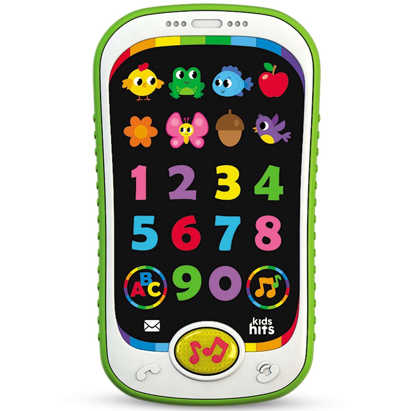 Kids Hits Smart Phone toy with colorful numbers, animals, and ABC buttons on green and white device