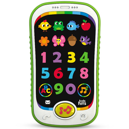 Kids Hits Smart Phone toy with colorful numbers, animals, and ABC buttons on green and white device