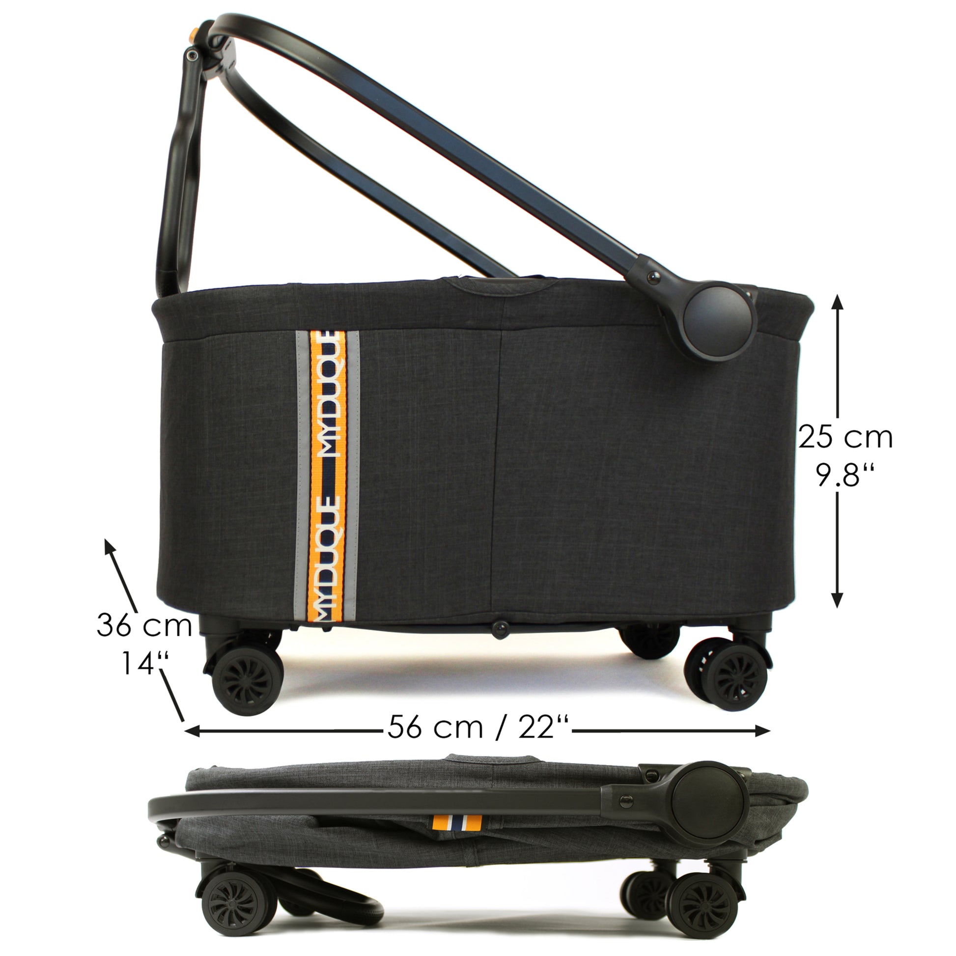 My Duque MULTI Bicycle Pannier Basket in melange black with wheels, shown expanded and folded