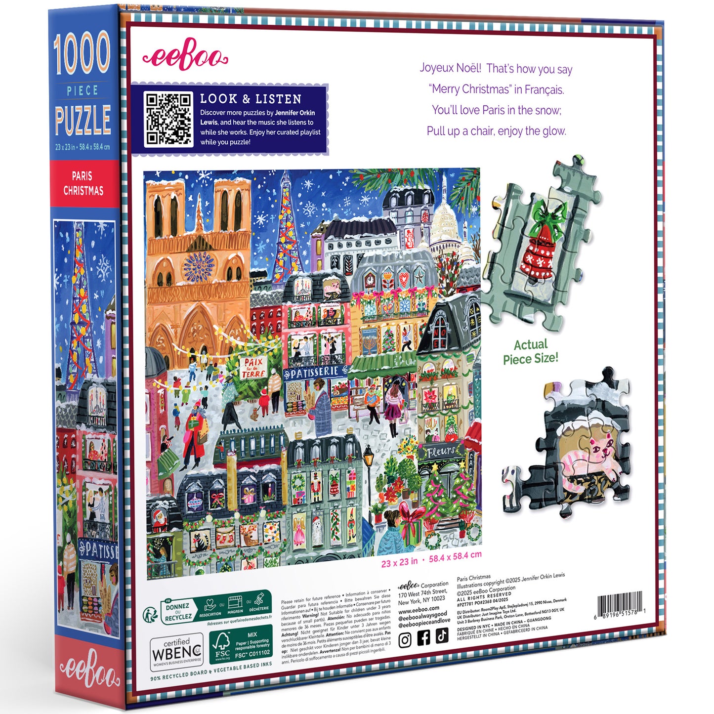eeBoo Paris Christmas 1000 Piece Jigsaw Puzzle with colorful festive Parisian scene
