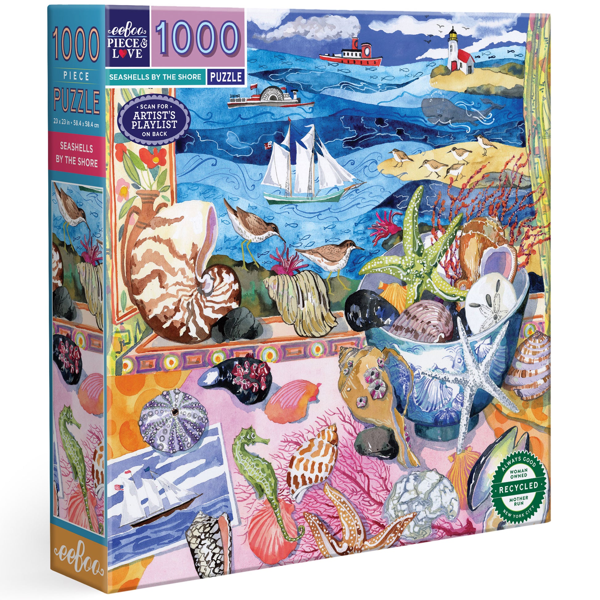 eeBoo Seashells by the Shore 1000 piece puzzle with colorful coastal seascape and marine life illustration